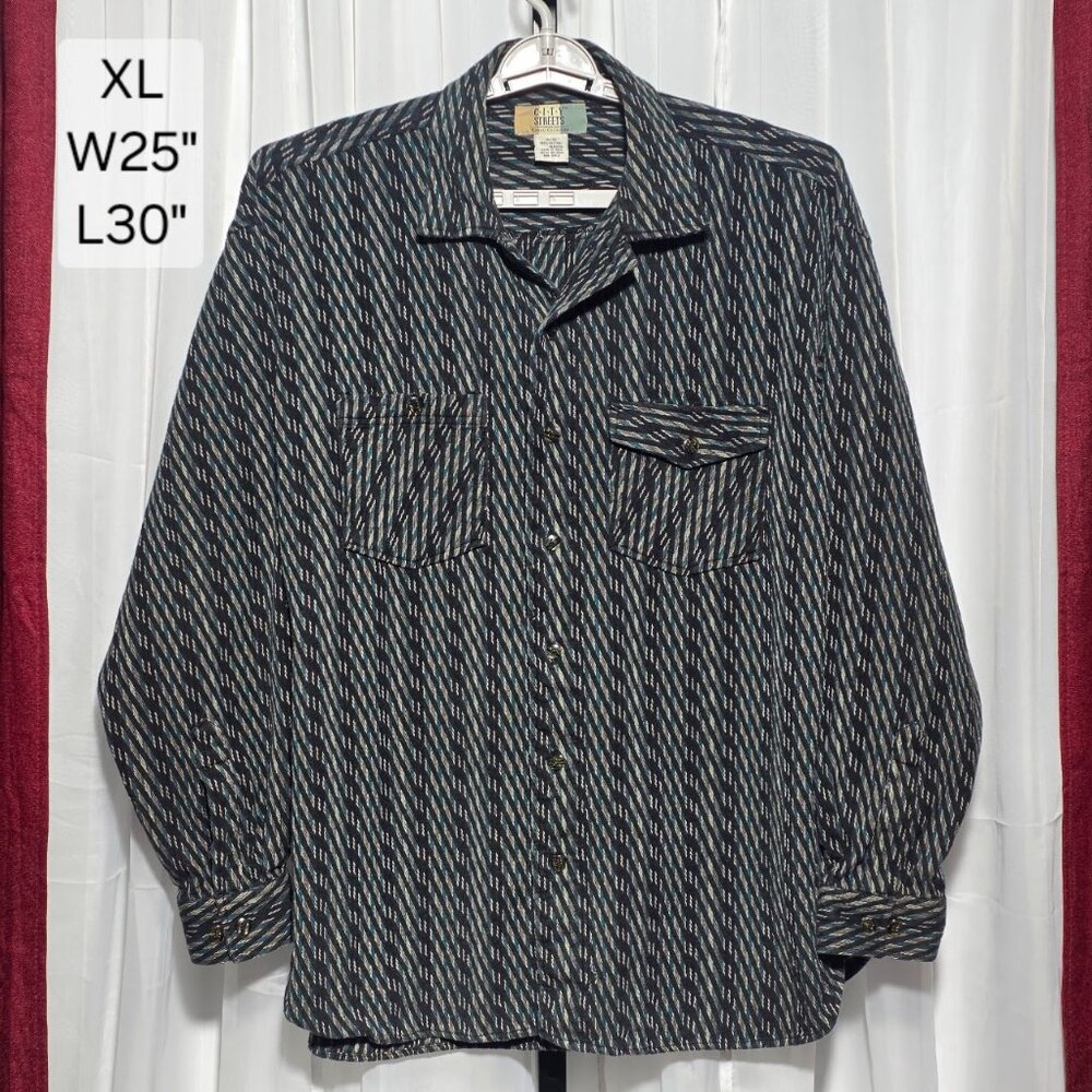 City Streets Shirt Mens XL Black Blue Diagonal Stripe Heavy Cotton Button Up Vin